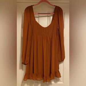 Abercrombie & Fitch Long-Sleeve Ruched Babydoll Mini Dress Burnt Orange